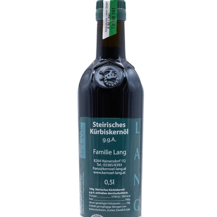0,5 Liter Steirisches Kürbiskernöl g.g.A. von Kernöl Lang aus der Steiermark