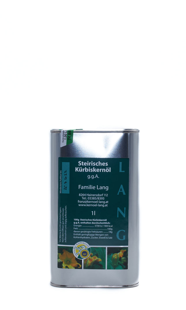 1 Liter Steirisches Kürbiskernöl g.g.A. in der Dose von Kernöl Lang aus der Steiermark